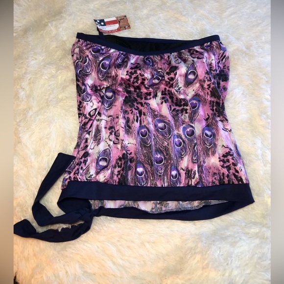 Women's Purple and Black Peacock Feather detail Swim Top size 10 NWT - Picture 11 of 11